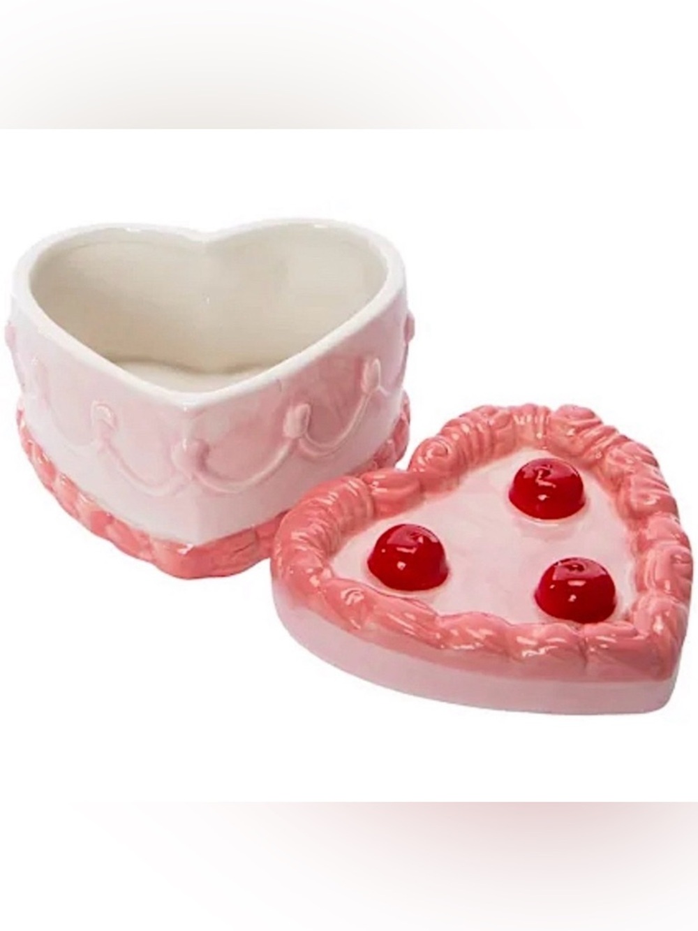 Sweet Heart Shaped Cake Cherry Pink Ceramic Trinket Jewelry Jar NWT